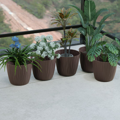 DARK BROWN Textured Plastic Flower Pot Set for Indoor & Outdoor Plants – Decorative Round Planters for Home, Balcony & Office (Set of 5)