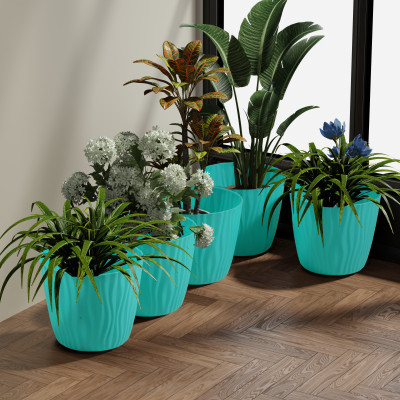 GREEN Textured Plastic Flower Pot Set for Indoor & Outdoor Plants – Decorative Round Planters for Home, Balcony & Office (Set of 5)