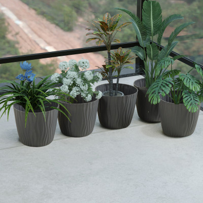 GREY Textured Plastic Flower Pot Set for Indoor & Outdoor Plants – Decorative Round Planters for Home, Balcony & Office (Set of 5)