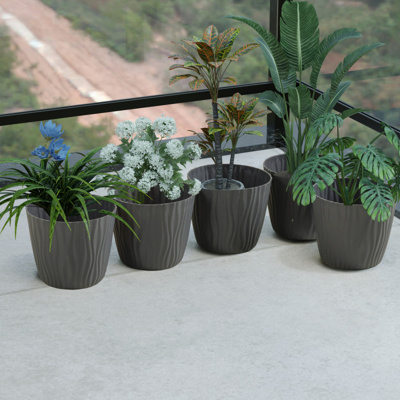 GREY Textured Plastic Flower Pot Set for Indoor & Outdoor Plants – Decorative Round Planters for Home, Balcony & Office (Set of 5)