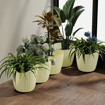 OFFWHITE Textured Plastic Flower Pot Set for Indoor & Outdoor Plants – Decorative Round Planters for Home, Balcony & Office (Set of 5)