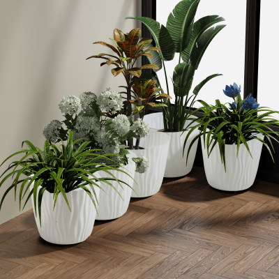 WHITE Textured Plastic Flower Pot Set for Indoor & Outdoor Plants – Decorative Round Planters for Home, Balcony & Office (Set of 5)