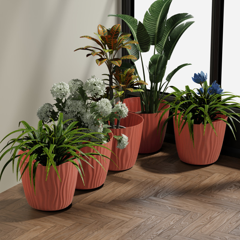 Brown Textured Plastic Flower Pot Set for Indoor & Outdoor Plants – Decorative Round Planters for Home, Balcony & Office (Set of 5)