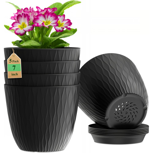 7 Inch Plastic Flower Pot Set – 5 Pack (Black)