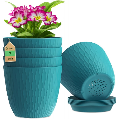 7 Inch Plastic Flower Pot Set – 5 Pack (Blue Green)