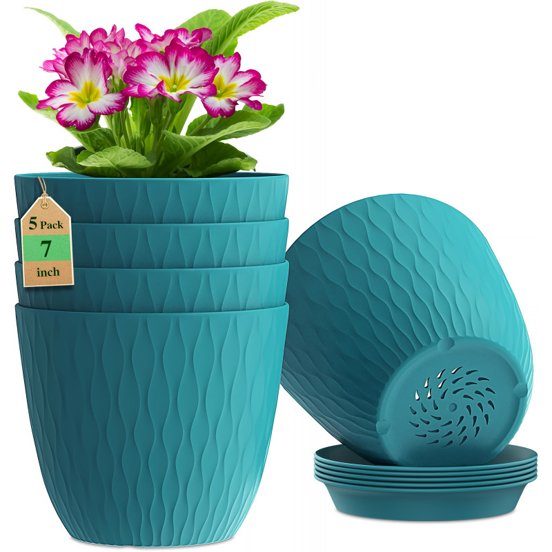 7 Inch Plastic Flower Pot Set – 5 Pack (Blue Green)