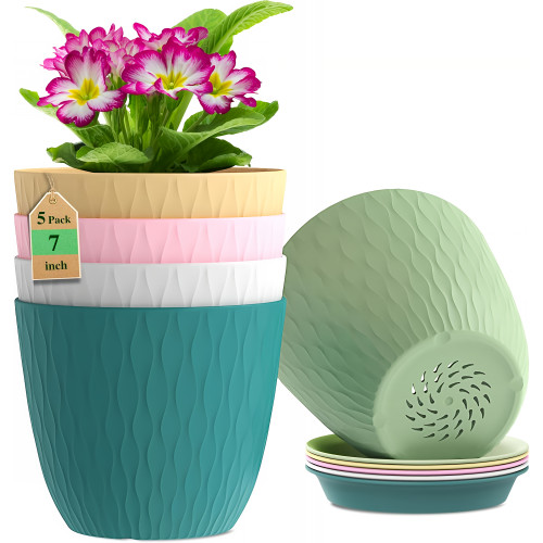 7 Inch Plastic Flower Pot Set – 5 Pack (Multicolour – Light)