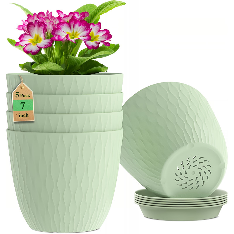 7 Inch Plastic Flower Pot Set – 5 Pack (Pista Green)