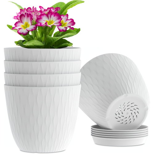 7 Inch Plastic Flower Pot Set – 5 Pack (White)