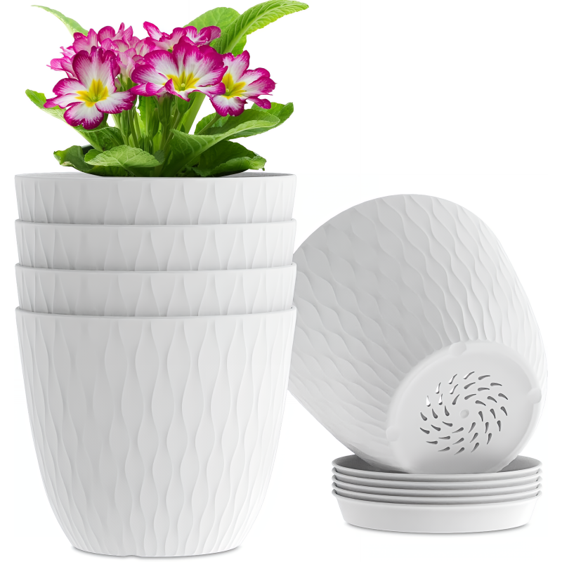 7 Inch Plastic Flower Pot Set – 5 Pack (White)